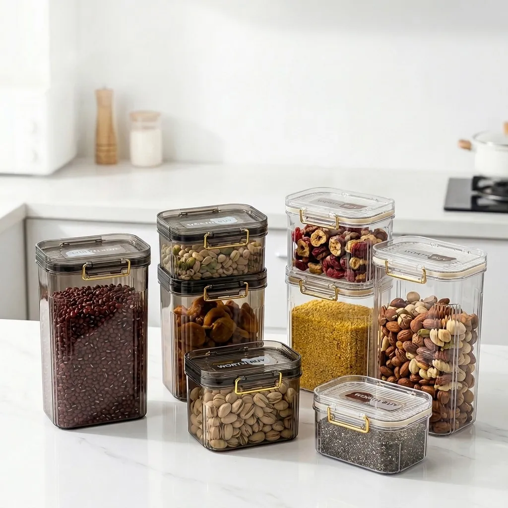 Food Storage With Dividers - กล่องเก็บอาหารแบบมีฝาปิดสนิท มองเห็นของข้างใน วางซ้อนกันได้ จัดระเบียบตู้กับข้าวในครัว กล่องพลาสติก PET