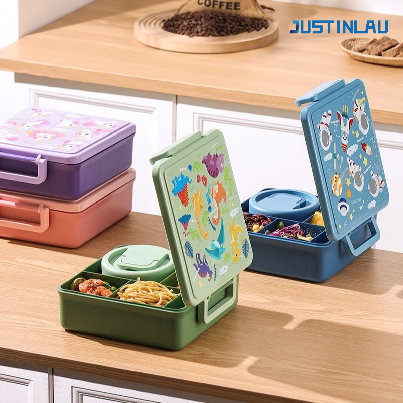 Food Storage Oven Safe - กล่องข้าวการ์ตูน กล่องเบนโตะสลัดผลไม้ พร้อมชุดช้อนส้อมสำหรับเด็ก พกพาสะดวกสำหรับนักเรียน พนักงานออฟฟิศ ภาชนะใส่อาหาร