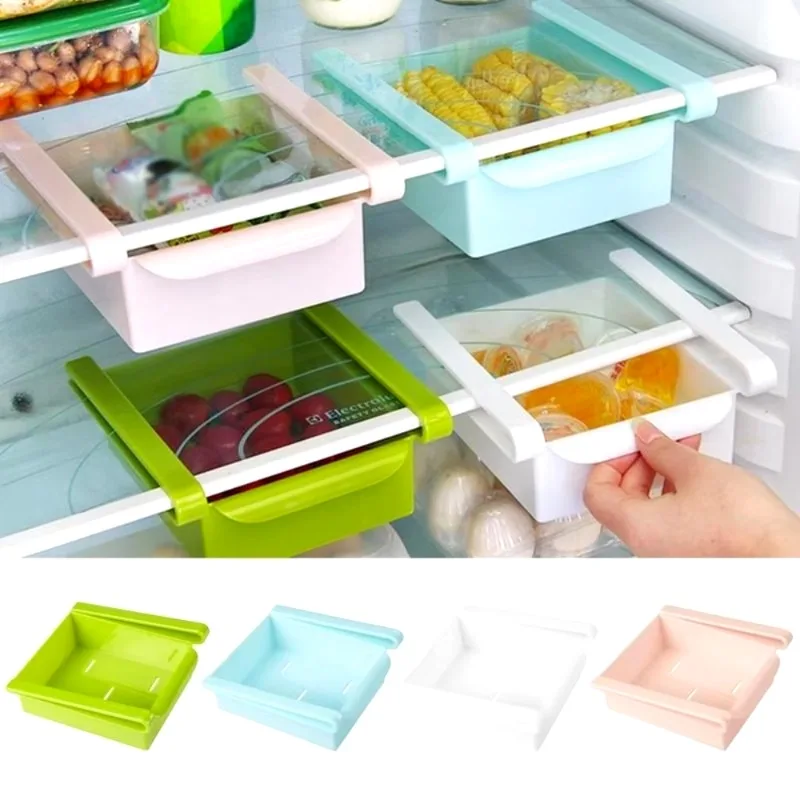 Food Storage With Dividers - สไลด์ห้องครัวตู้เย็นตู้แช่แข็ง Space Saver Organizer ชั้นวางของห้องครัวตู้เย็นกล่องเก็บอาหาร