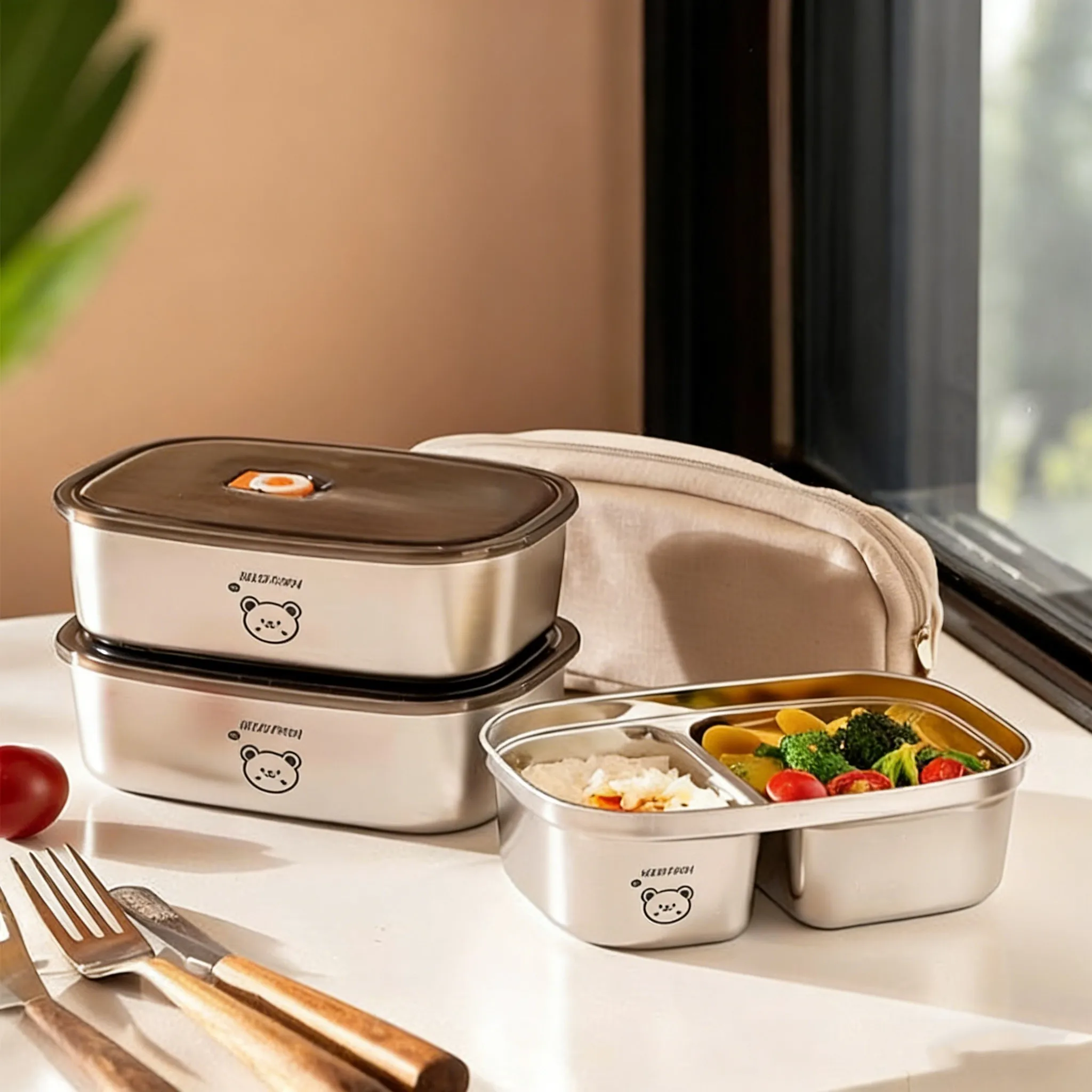 Food Storage Oven Safe - กล่องอาหารกลางวันสแตนเลส 304 ขนาดใหญ่ สำหรับเด็กและนักเรียน ปลอดภัยสำหรับใช้ในไมโครเวฟ พกพาสะดวก